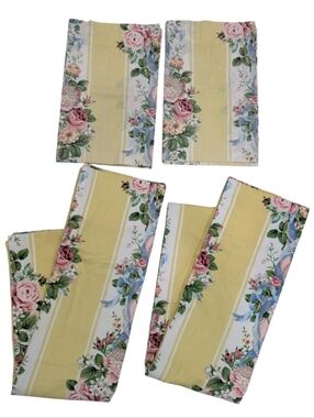 VTG CROSCILL Princess Big Floral Yellow Stripe Pearls Drapery Panels & Valances
